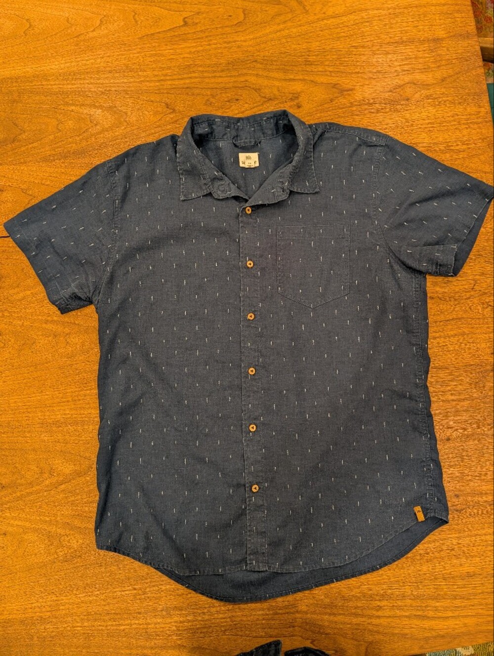 Tentree Hemp Blend Short Sleeve Shirt XL Blue Tree Print Button Up